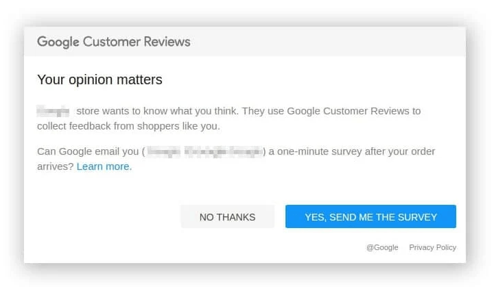 Quand vous avez activé Google Avis clients sur BigCommerce, vos clients reçoivent ce mail une fois leur commande réalisée