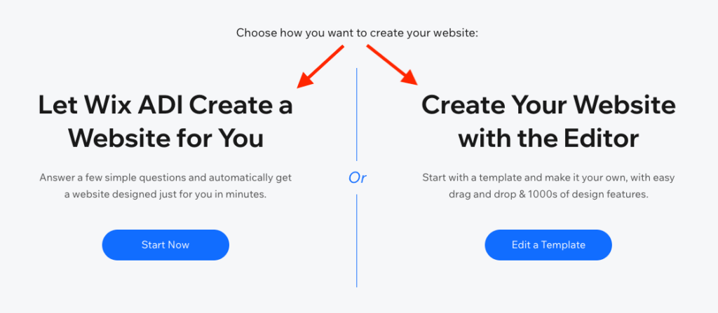 Quand vous faites un site Wix, vous devez choisir entre Wix ADI et l'éditeur de Wix