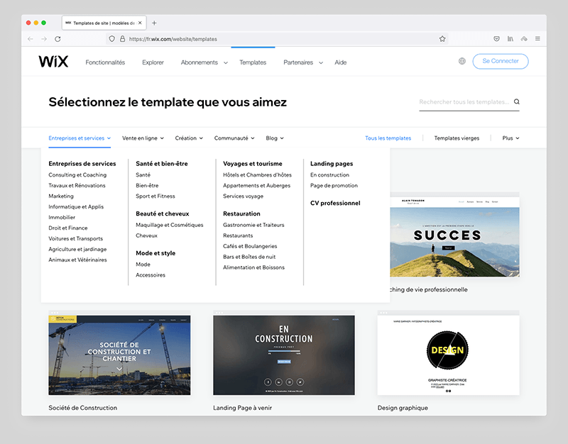 La façon dont sont organisés les templates sur Wix