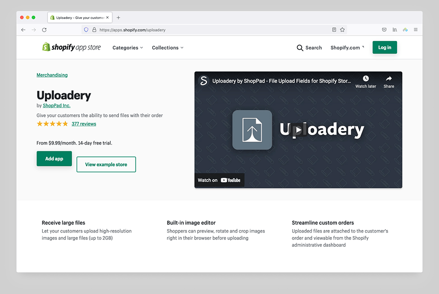 Avec Shopify, il faut avoir recours à une application tierce pour débloquer la fonction "téléchargement de fichiers" dans le processus d'achat