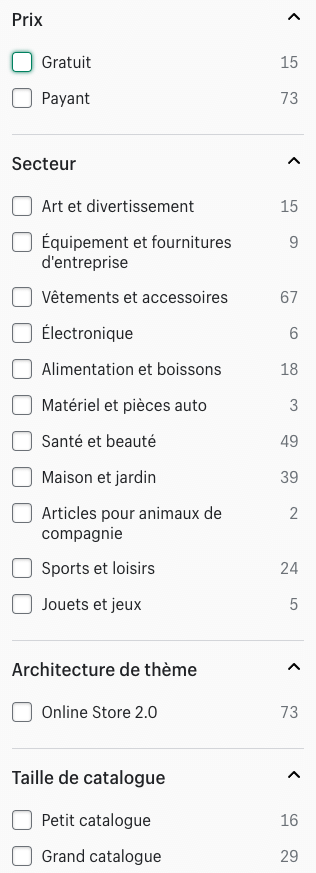 La recherche par filtre sur la boutique de thèmes de Shopify