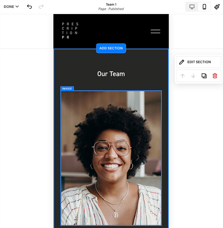Modifier la version mobile d'une page Squarespace