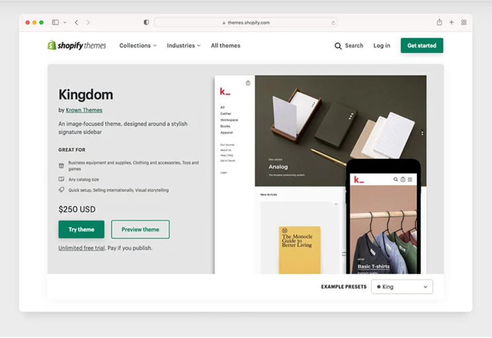 Le thème « Kingdom » de Shopify
