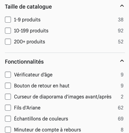 Certains des filtres existants pour naviguer parmi les templates Shopify