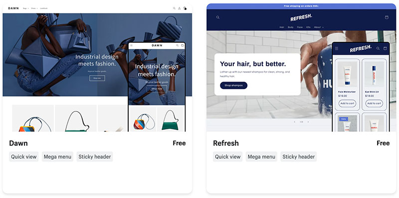 Exemple de thèmes proposés par Shopify
