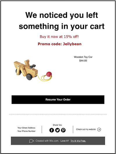 Un exemple d'e-mail d'abandon de panier envoyé avec Wix