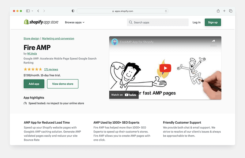 Des applications comme « Fire AMP » permettent d'afficher vos pages et produits au format AMP
