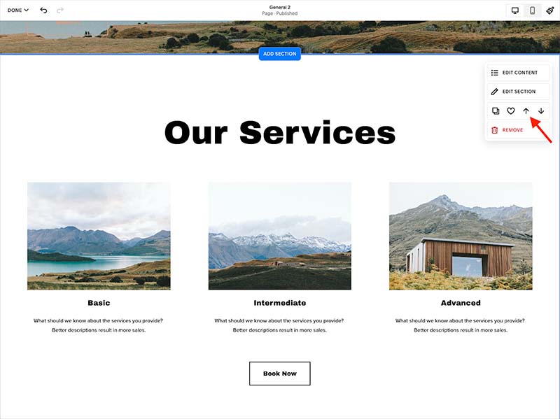 Déplacer les sections de contenu sur Squarespace