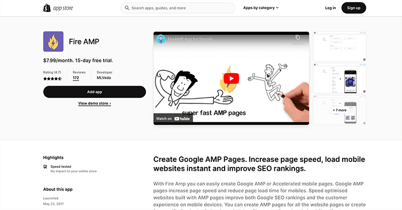 Des applications comme « Fire AMP » permettent
d'afficher vos pages et produits au format AMP