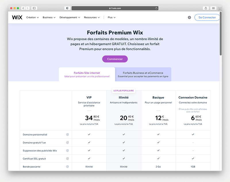Forfaits Premium Wix (France)