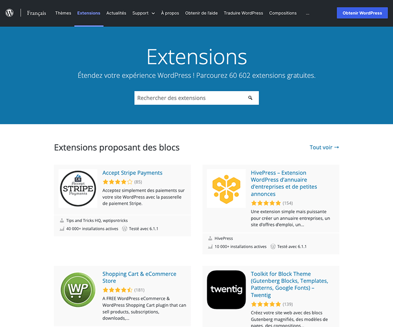 Le répertoire d'extensions WordPress