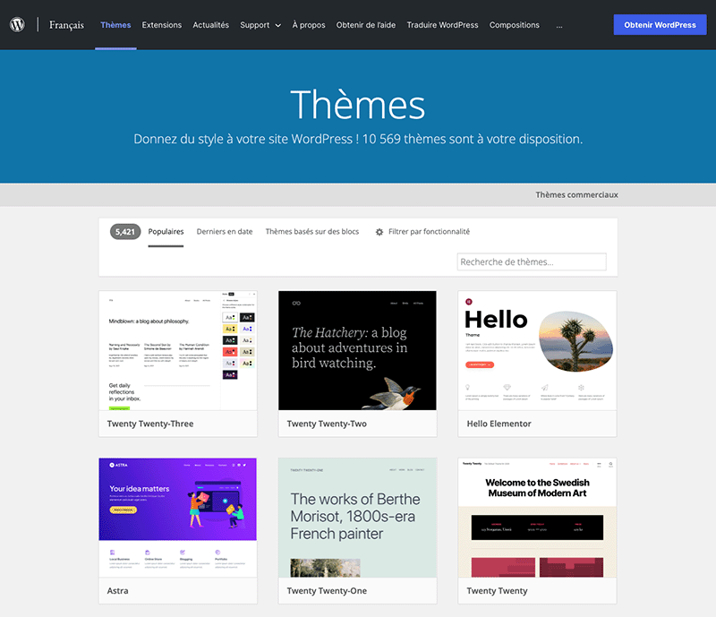 Le catalogue de thèmes WordPress