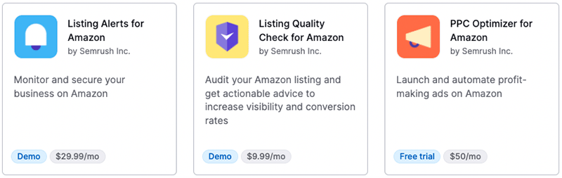 Applications liées à Amazon dans le centre d'applications de Semrush