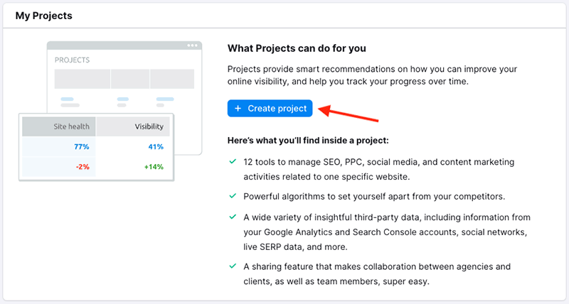 Création d'un projet dans Semrush