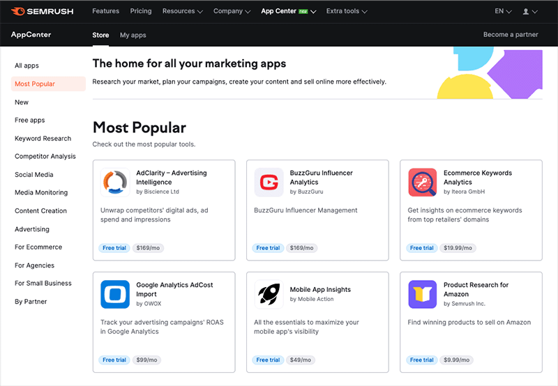 Le centre d'application de Semrush