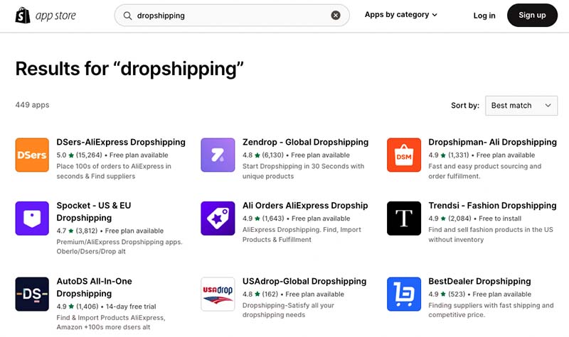 Applications de drop-shipping dans la boutique d’applications de Shopify