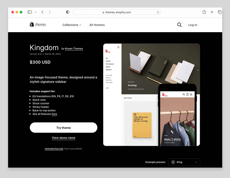 Le thème « Kingdom » de Shopify