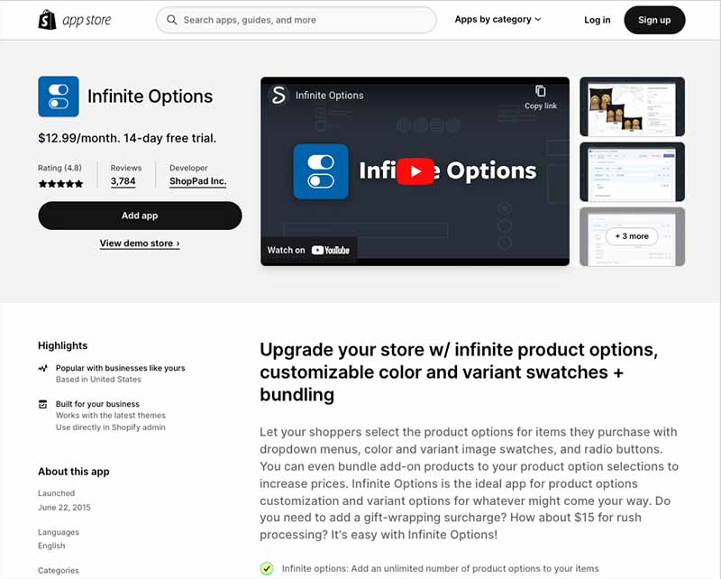 L'application « Infinite Options » lève les restrictions imposées par Shopify sur les variantes de produits, mais son utilisation est payante.