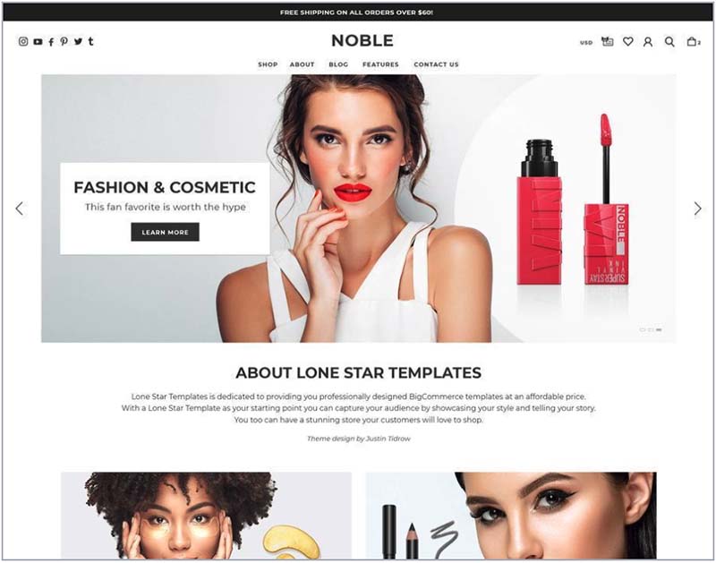 Exemple d'un thème BigCommerce payant, « Noble Bold ».
Les thèmes payants de ce type peuvent améliorer le design de votre boutique.