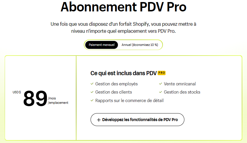 Informations sur les prix de Shopify PDV Pro