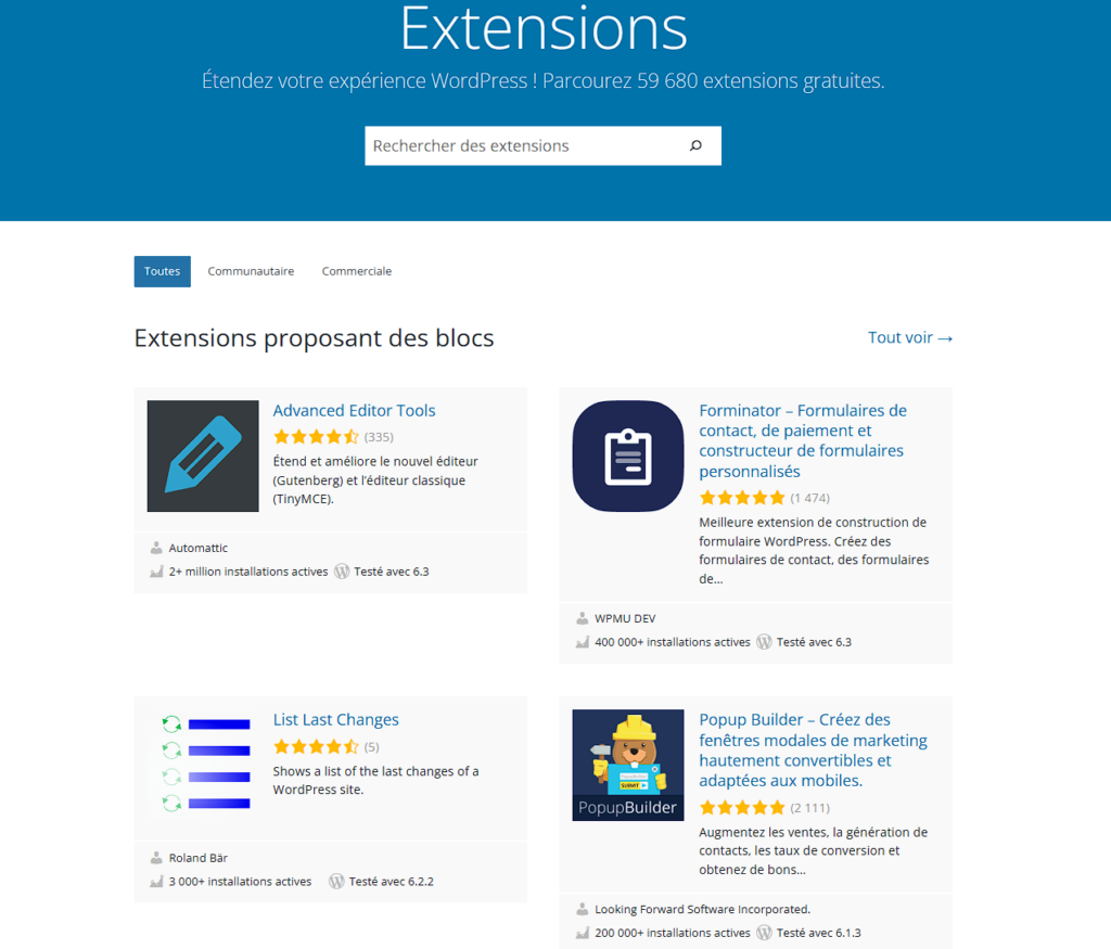 Le répertoire des extensions WordPress contient plus de 59 600 plugins.