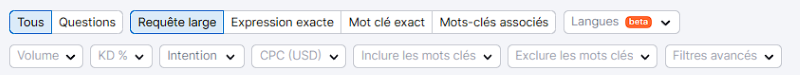 Autres filtres de mots-clés dans Semrush