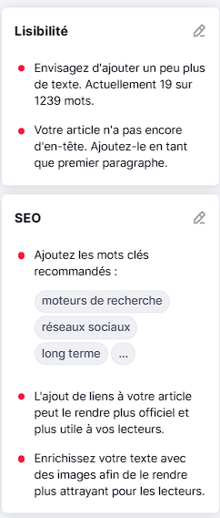 Suggestions faites par l'assistant de rédaction de Semrush