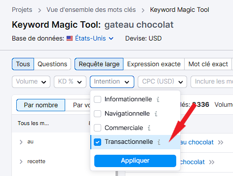 Utiliser le menu déroulant de l'intention du mot-clé lors du filtrage des suggestions de mots-clés dans Semrush