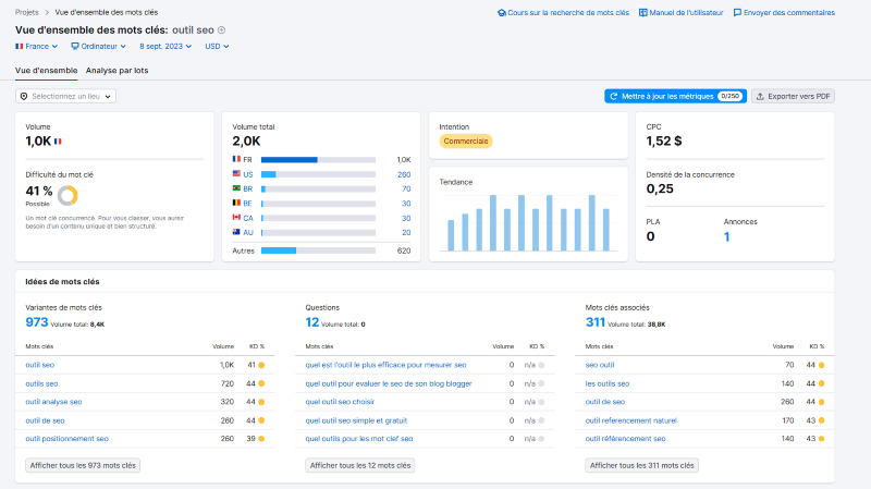 Obtenir une vue d'ensemble des mots-clés dans Semrush : le tableau de bord renvoie des idées de mots-clés dans trois formats : variations, questions et mots-clés connexes.