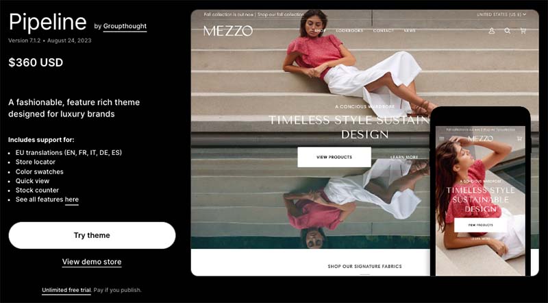 Exemple de thème Shopify payant, « Pipeline ».