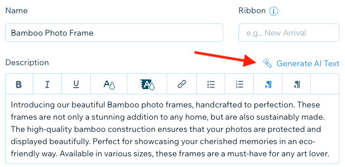 La fonction AI Text Creator de Wix