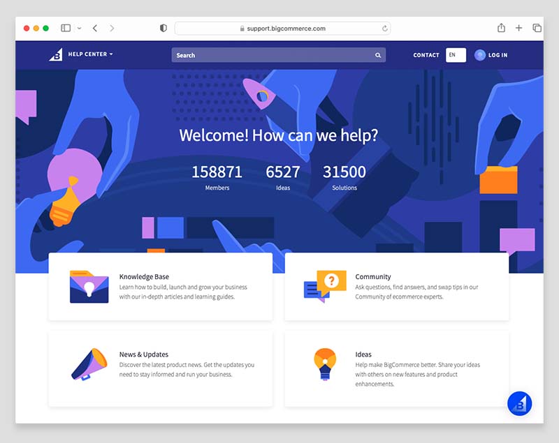 Le centre d'aide de BigCommerce contient un large éventail d'articles d'assistance.