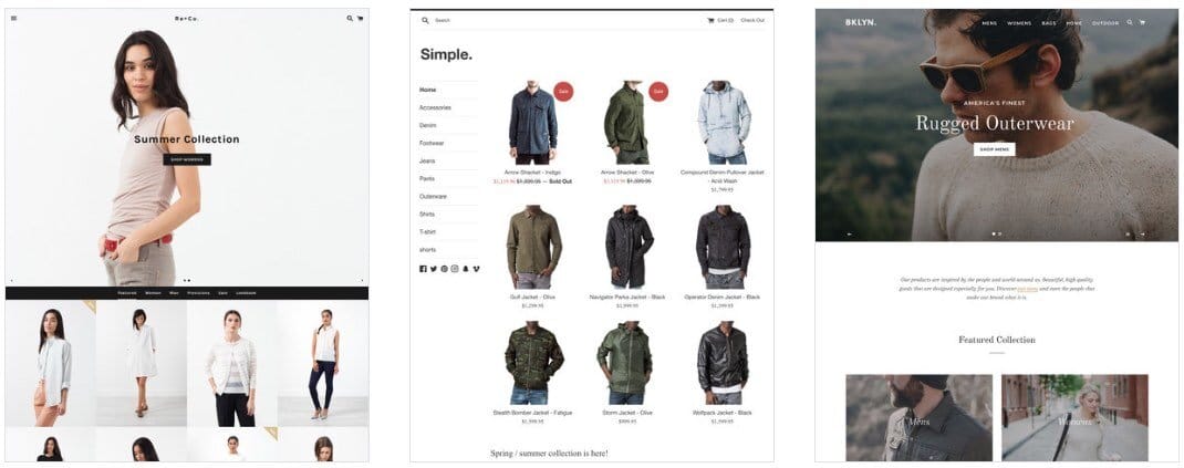 Examples of some free Shopify themes — ‘Boundless,’ ‘Simple’ and ‘Brooklyn.’