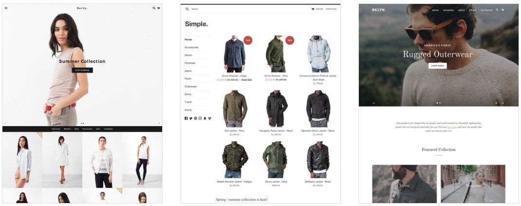 Examples of some free Shopify themes — ‘Boundless,’ ‘Simple’ and ‘Brooklyn.’