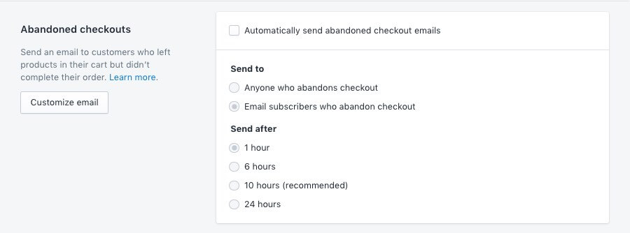 Setting up abandoned cart recovery emails.