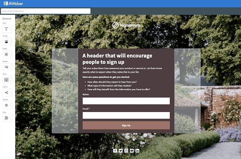 Aweber's landing page builder