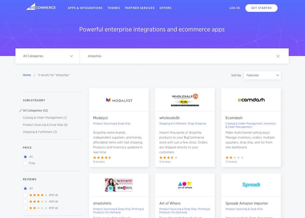 Dropshipping options in the BigCommerce app store.