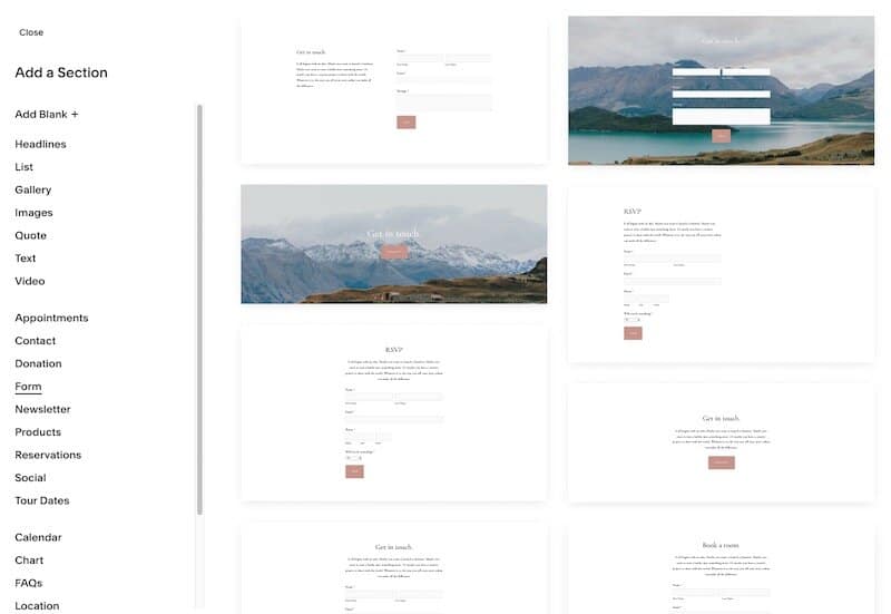 Adding content sections in Squarespace.