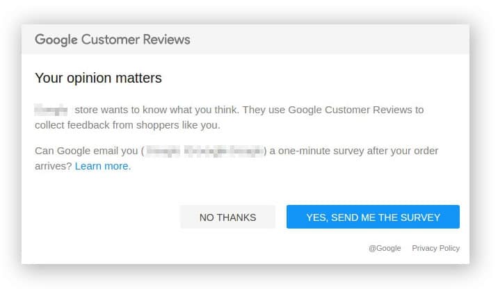 When you have Google Customer Reviews enabled in Bigcommerce, your customers are sent this email after marking a purchase.