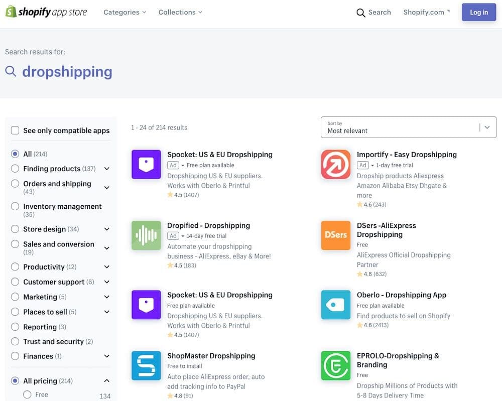 Dropshipping apps in Shopify.