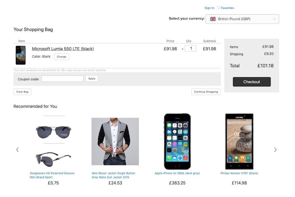 The ‘Currency Converter’ app in use on an Ecwid store.