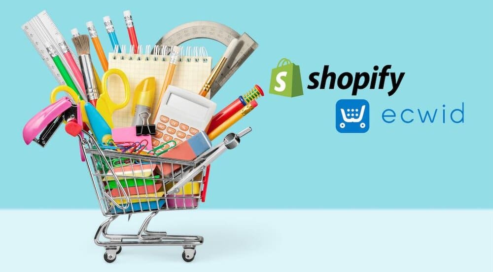 Shopify vs Ecwid (image of shopping cart accompanying the two companies' logos).