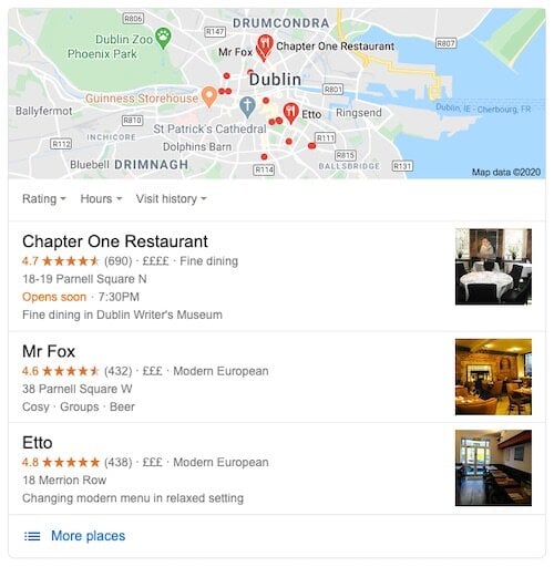 Google local search results for restaurants