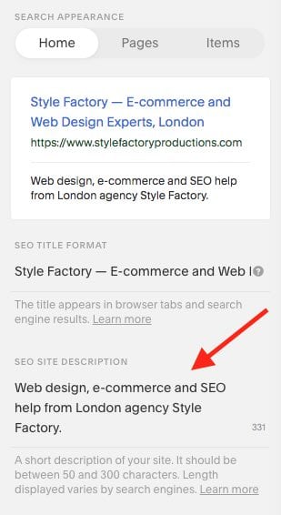 Adding a home page meta description in Squarespace