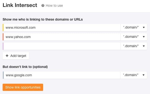 Ahrefs’ link intersect feature.