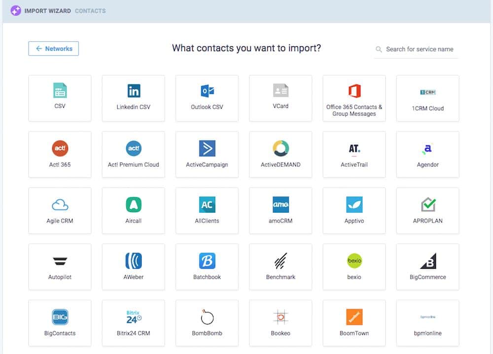 Nimble CRM allows you to import contacts from a wide range of third-party tools.