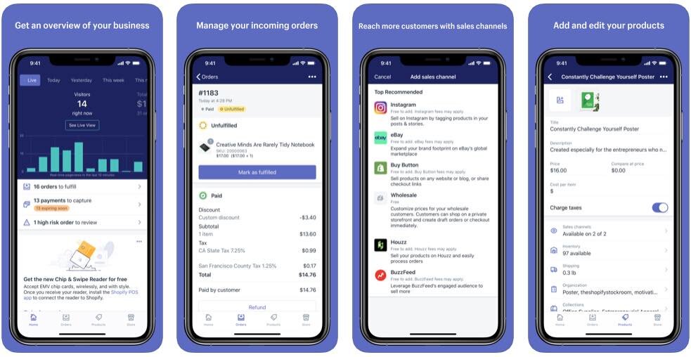 Screenshots from the iOS version of Shopify’s mobile app.