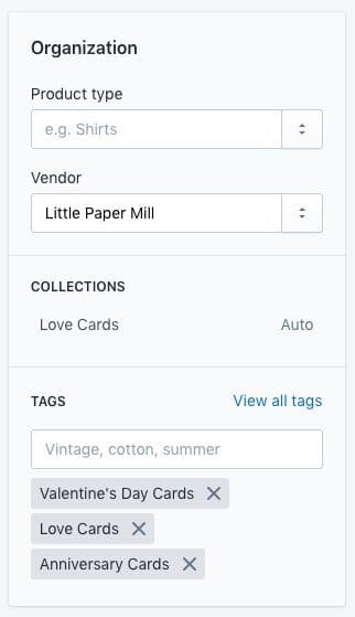 Managing product categories in Shopify is very straightforward.