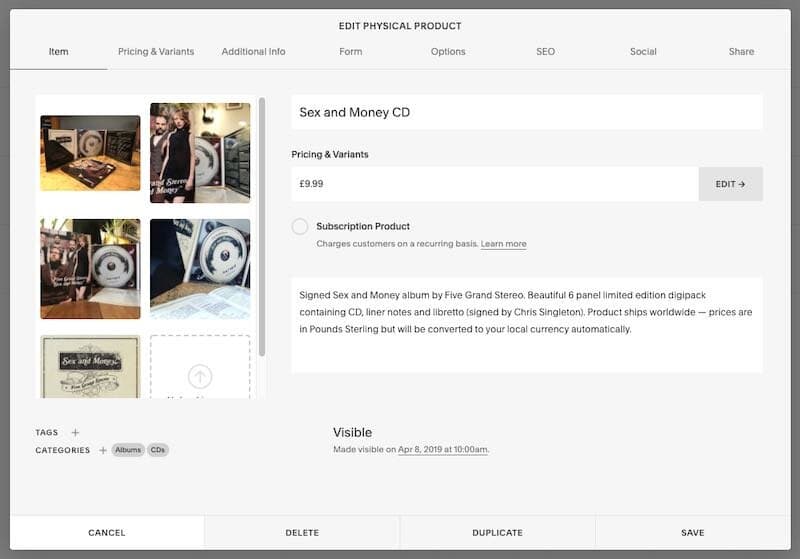 Using Squarespace’s ecommerce features to sell CDs — WordPress doesn't have any built-in online selling tools.