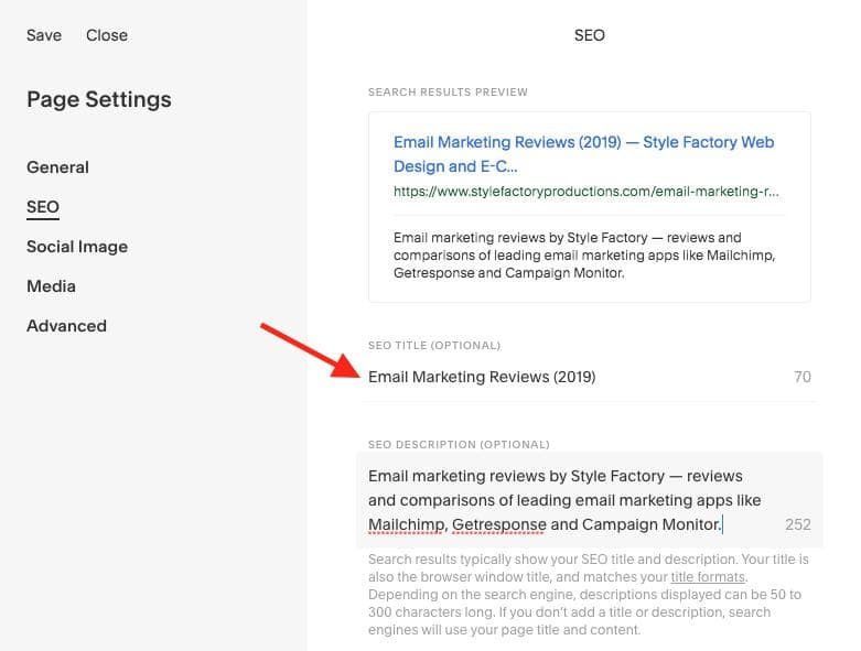 Editing page titles in Squarespace